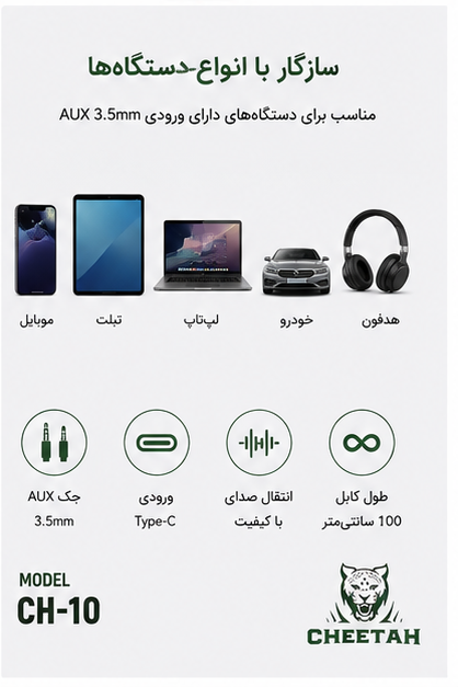 کابل تبدیل aux به تایپ سی چیتا مدل CH-10